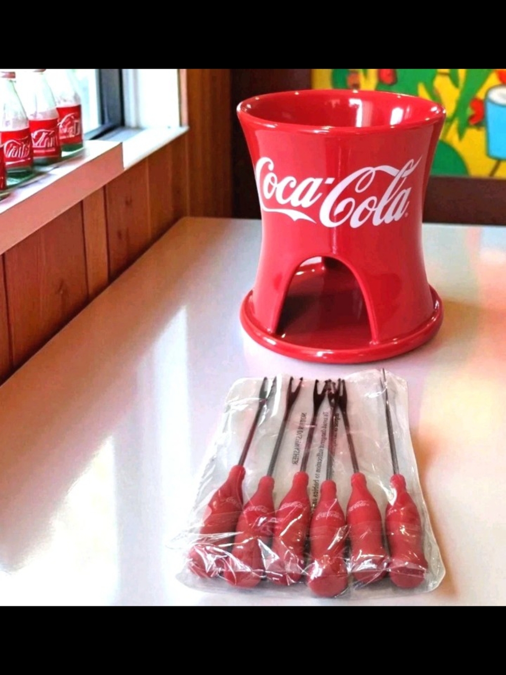 Coca Cola Red Ceramic Fondue Warmer with Matching Red Forks